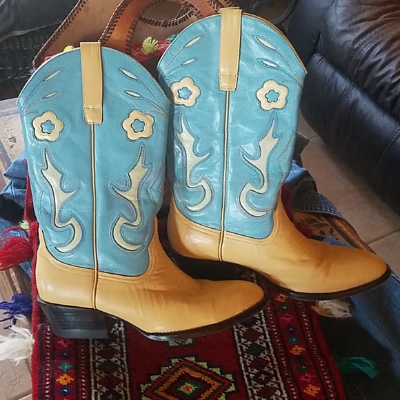 Shoes - Genuine Leather Cowgirl Boots/Cream/Blue